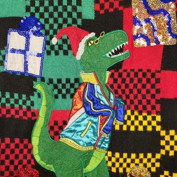 Holiday Time Adult Med Ugly Christmas Sweater Dinosaur T-Rex Presents - Picture 7 of 14